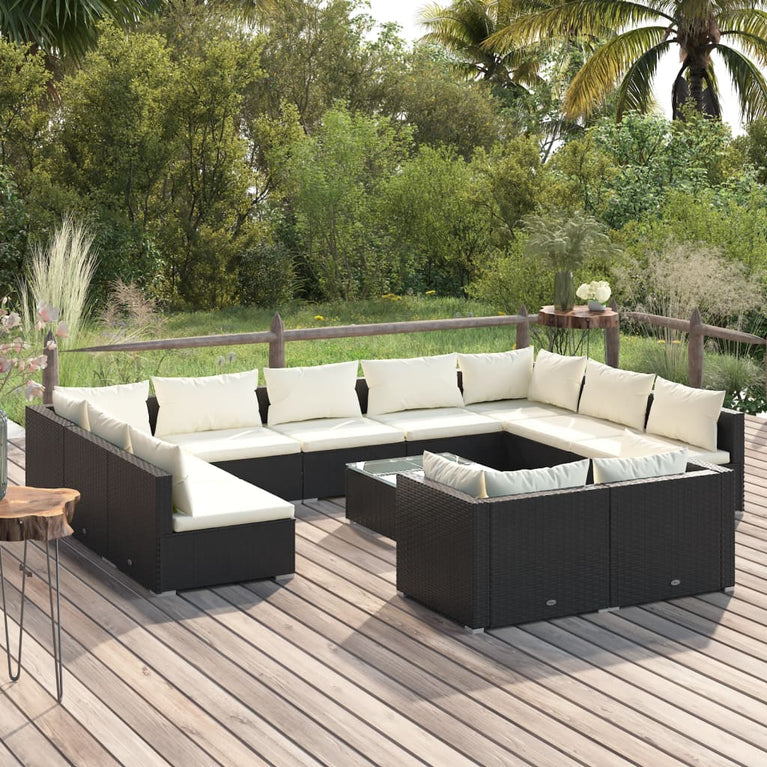 12-delige Loungeset met kussens poly rattan zwart