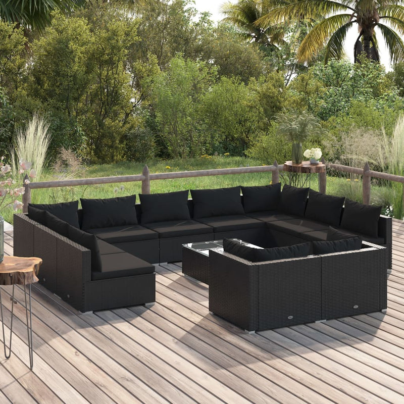 12-delige Loungeset met kussens poly rattan zwart MeubelReus