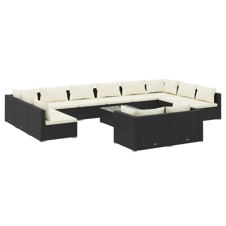 13-delige Loungeset met kussens poly rattan zwart