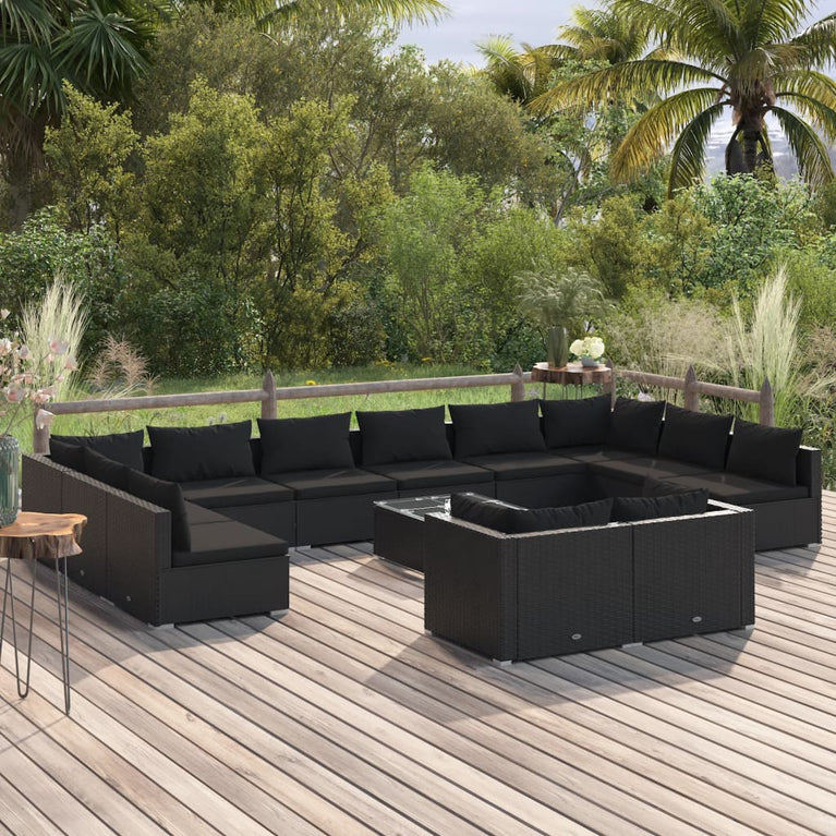 13-delige Loungeset met kussens poly rattan zwart