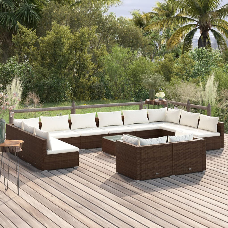 13-delige Loungeset met kussens poly rattan bruin