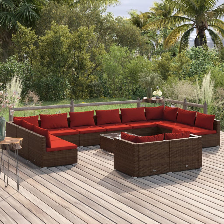 13-delige Loungeset met kussens poly rattan bruin