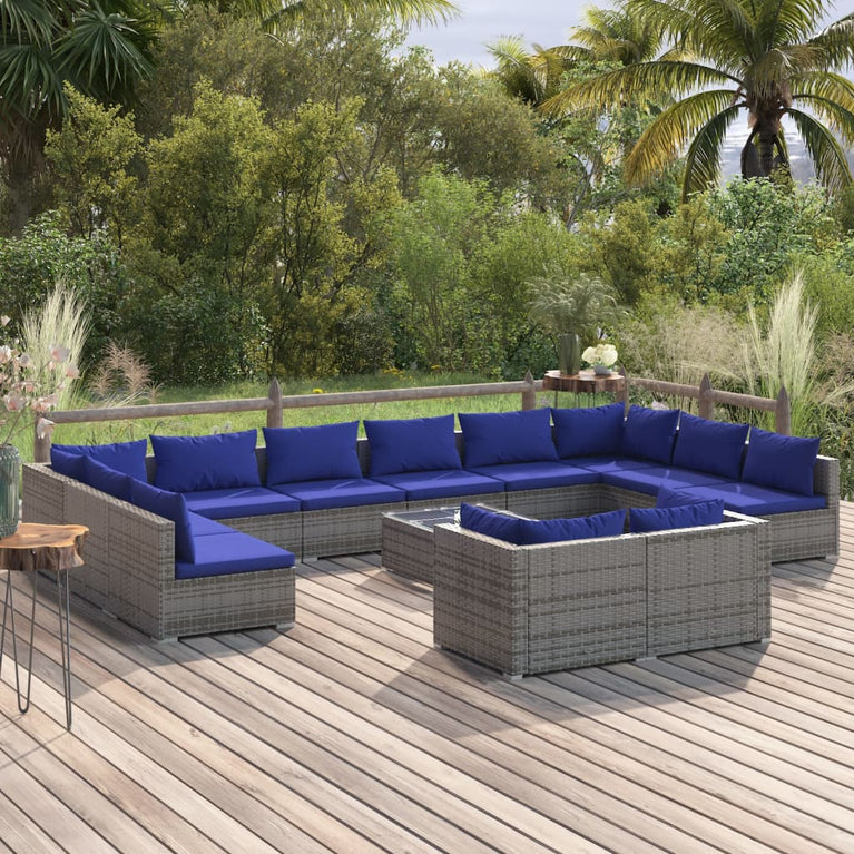 13-delige Loungeset met kussens poly rattan grijs