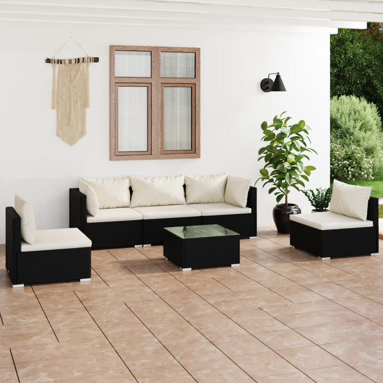 6-delige Loungeset met kussens poly rattan zwart