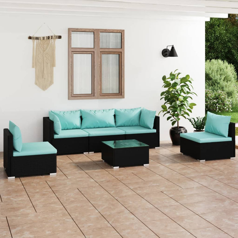 6-delige Loungeset met kussens poly rattan zwart