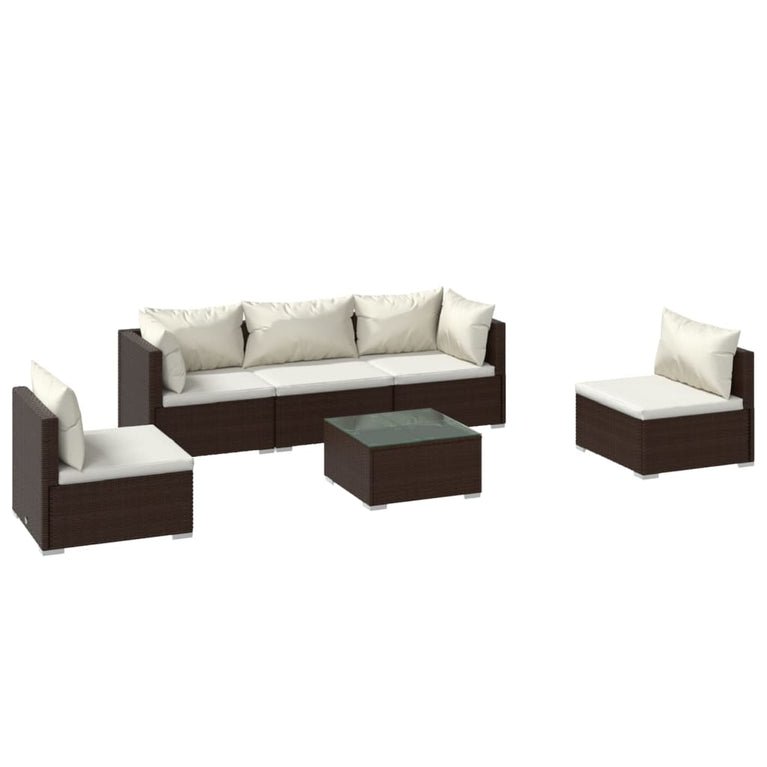 6-delige Loungeset met kussens poly rattan bruin