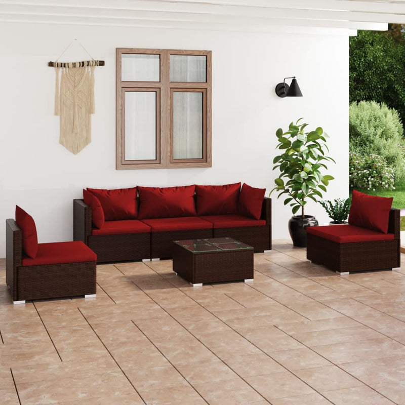 6-delige Loungeset met kussens poly rattan bruin