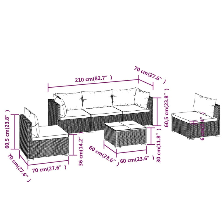 6-delige Loungeset met kussens poly rattan grijs