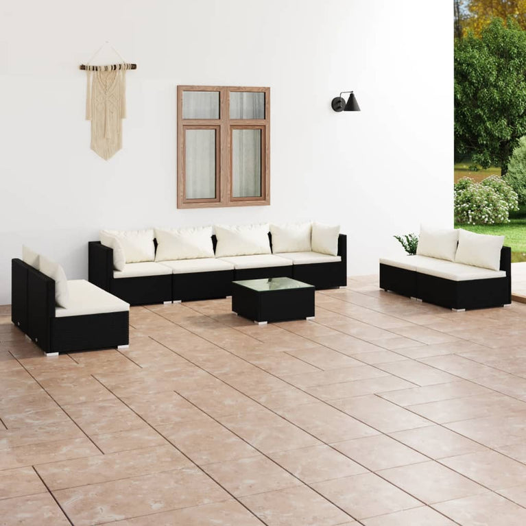 9-delige Loungeset met kussens poly rattan zwart