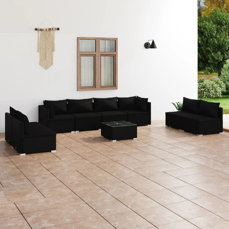 9-delige Loungeset met kussens poly rattan zwart