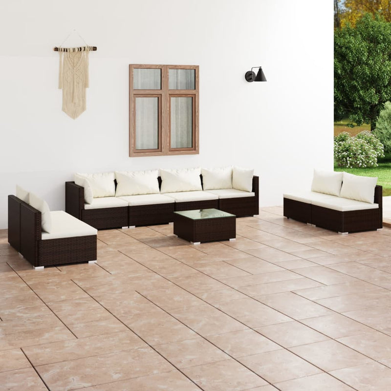 9-delige Loungeset met kussens poly rattan bruin