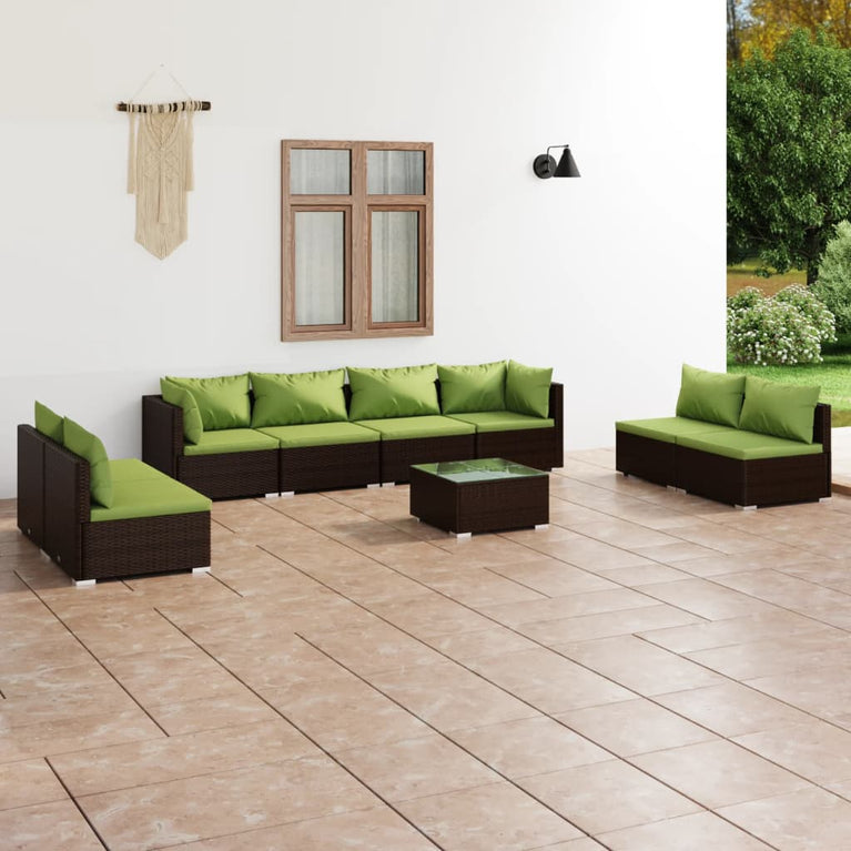 9-delige Loungeset met kussens poly rattan bruin
