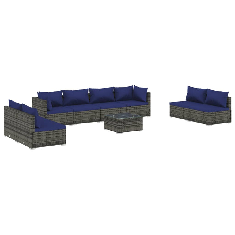 9-delige Loungeset met kussens poly rattan grijs