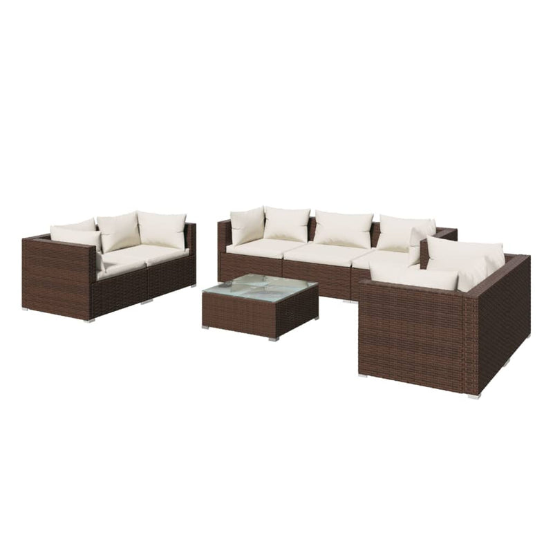 8-delige Loungeset met kussens poly rattan bruin