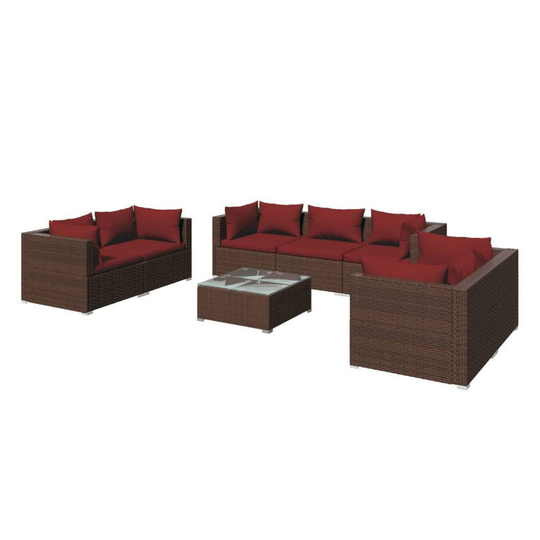 8-delige Loungeset met kussens poly rattan bruin