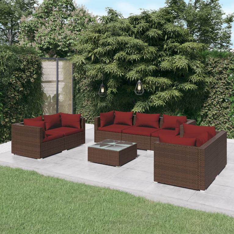 8-delige Loungeset met kussens poly rattan bruin