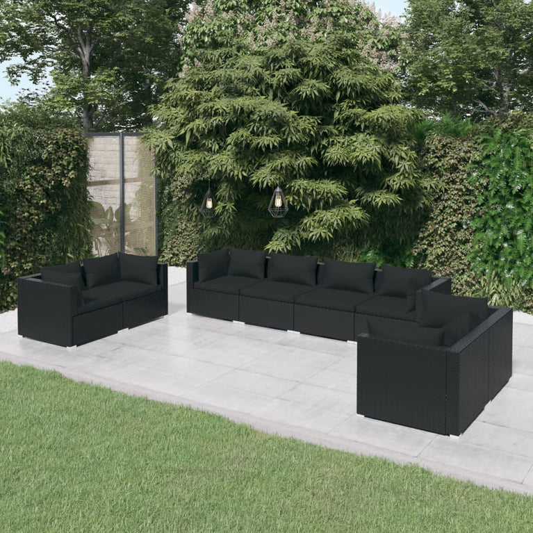 8-delige Loungeset met kussens poly rattan zwart MeubelReus