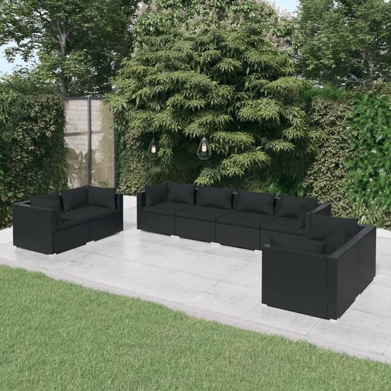 8-delige Loungeset met kussens poly rattan zwart MeubelReus