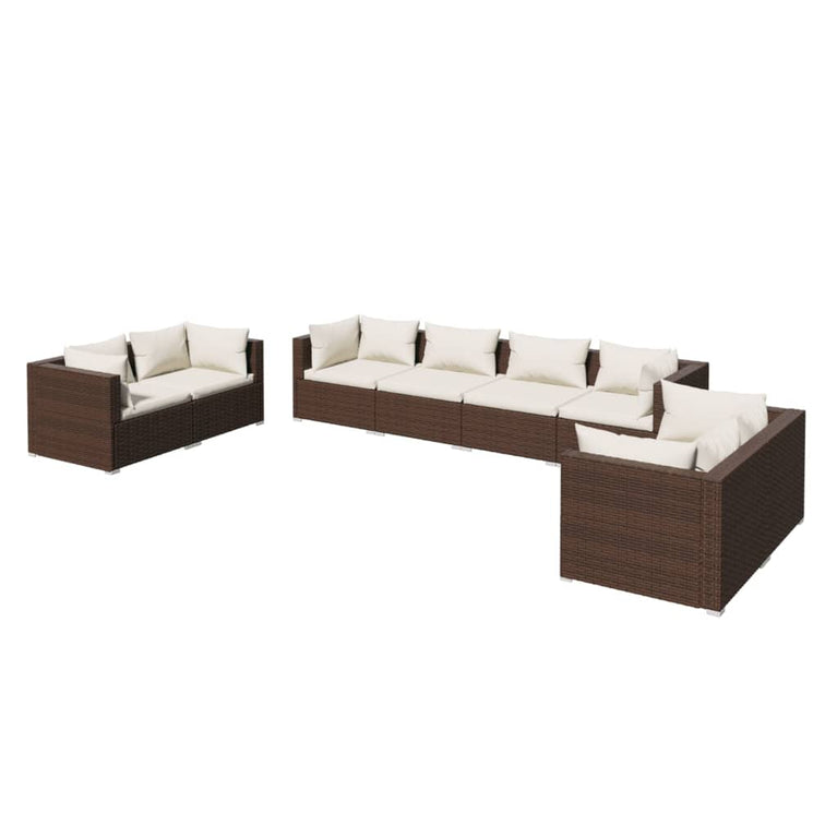 8-delige Loungeset met kussens poly rattan bruin