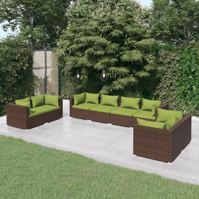 8-delige Loungeset met kussens poly rattan bruin