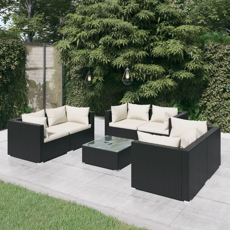 7-delige Loungeset met kussens poly rattan zwart MeubelReus