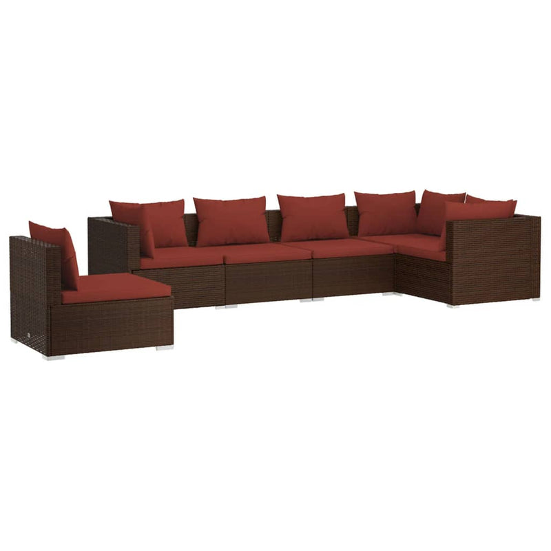 6-delige Loungeset met kussens poly rattan bruin