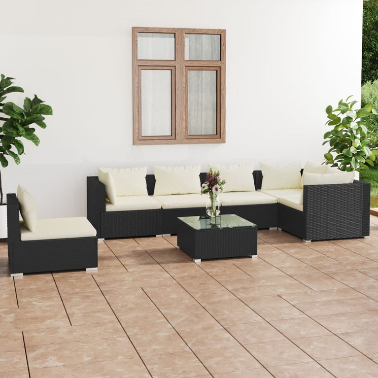 7-delige Loungeset met kussens poly rattan zwart