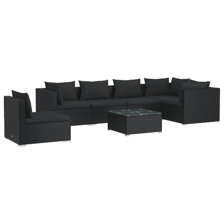 7-delige Loungeset met kussens poly rattan zwart