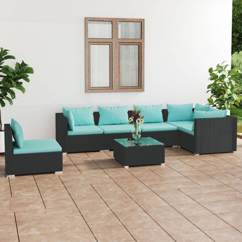 7-delige Loungeset met kussens poly rattan zwart