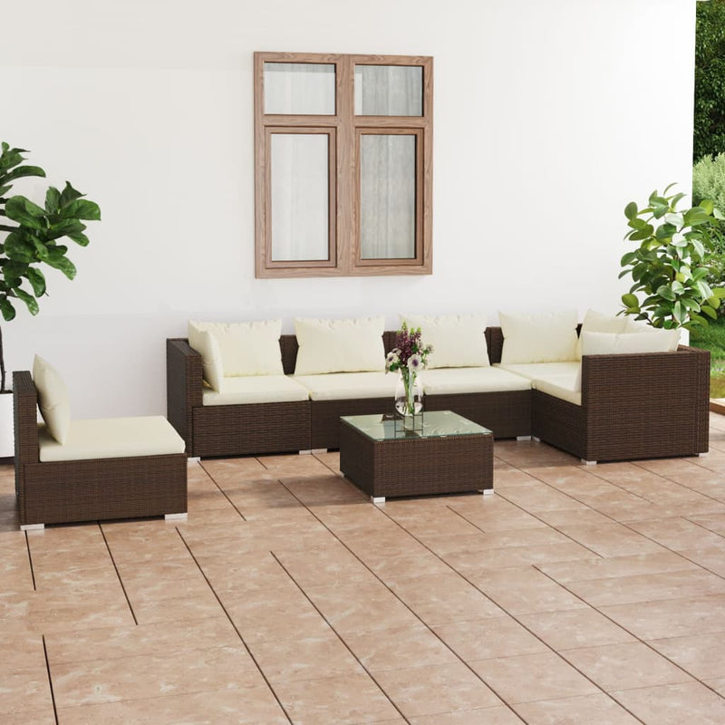 7-delige Loungeset met kussens poly rattan bruin