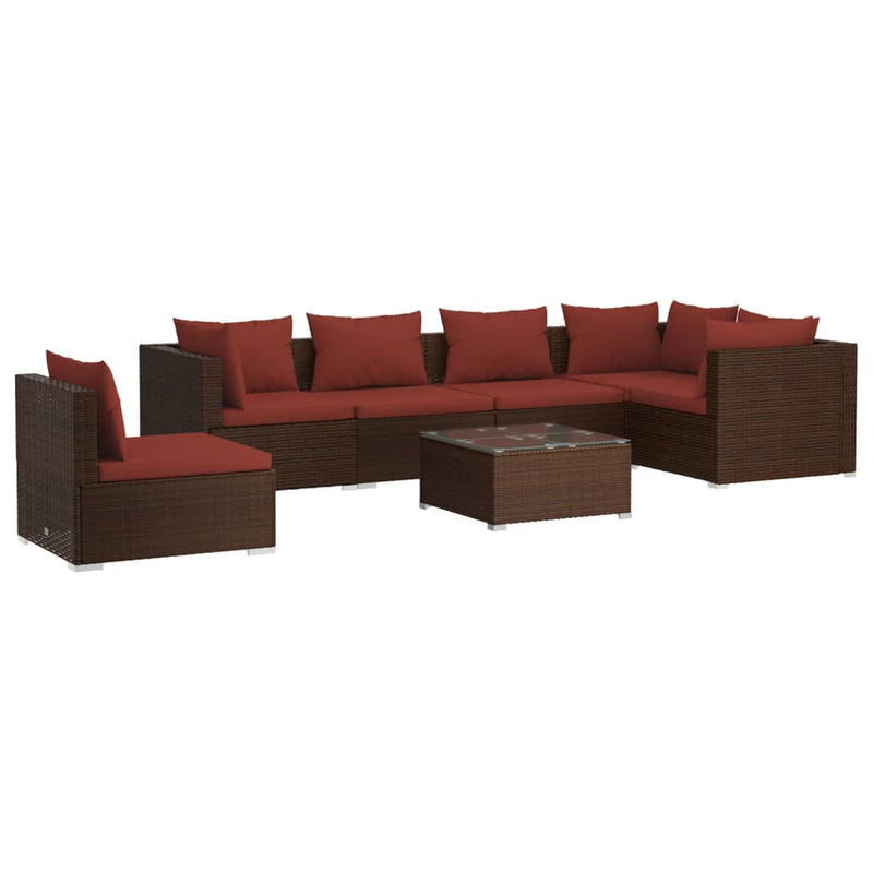 7-delige Loungeset met kussens poly rattan bruin
