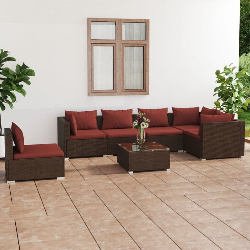 7-delige Loungeset met kussens poly rattan bruin