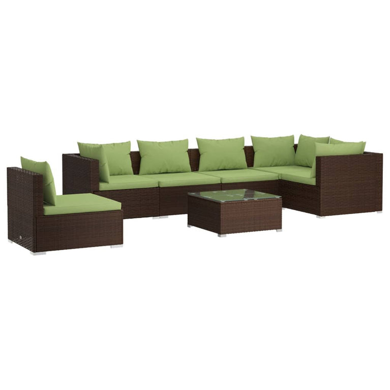 7-delige Loungeset met kussens poly rattan bruin