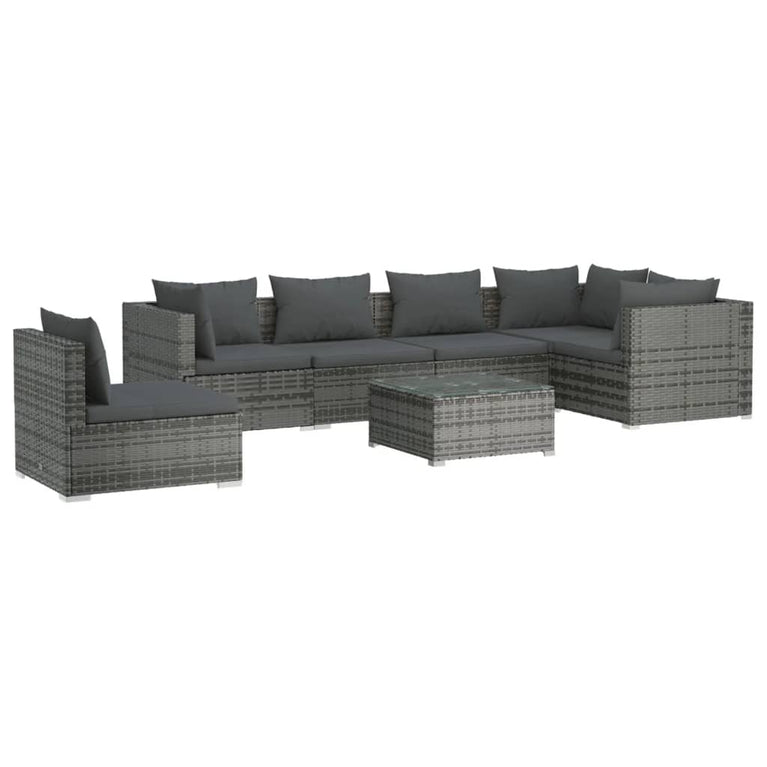 7-delige Loungeset met kussens poly rattan grijs