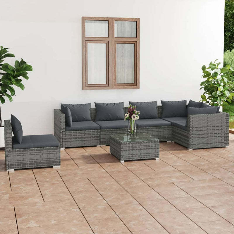 7-delige Loungeset met kussens poly rattan grijs