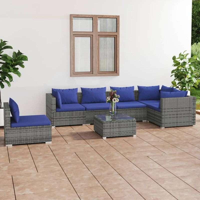 7-delige Loungeset met kussens poly rattan grijs