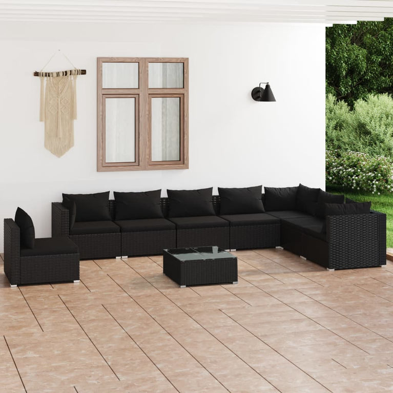 9-delige Loungeset met kussens poly rattan zwart