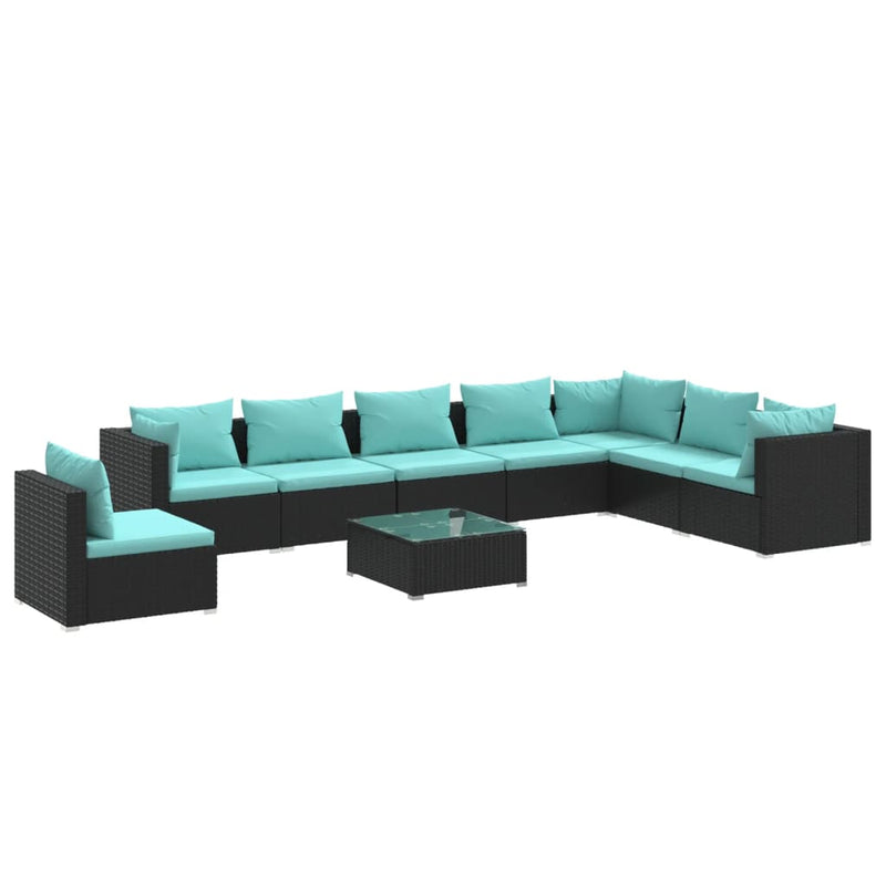 9-delige Loungeset met kussens poly rattan zwart