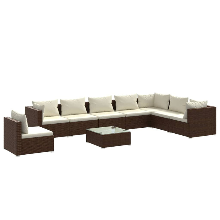 9-delige Loungeset met kussens poly rattan bruin