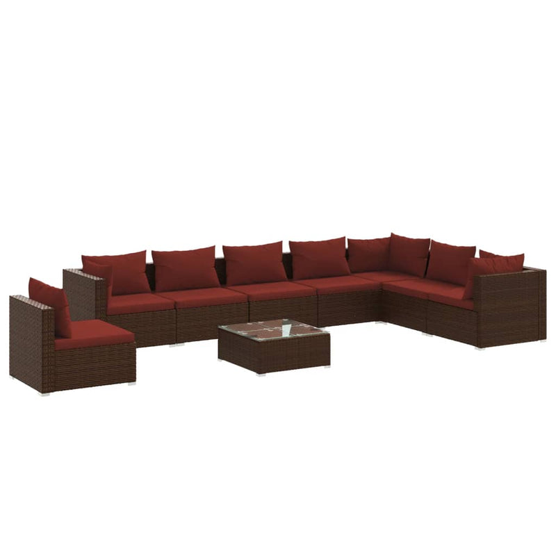 9-delige Loungeset met kussens poly rattan bruin