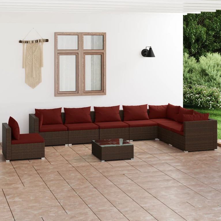 9-delige Loungeset met kussens poly rattan bruin