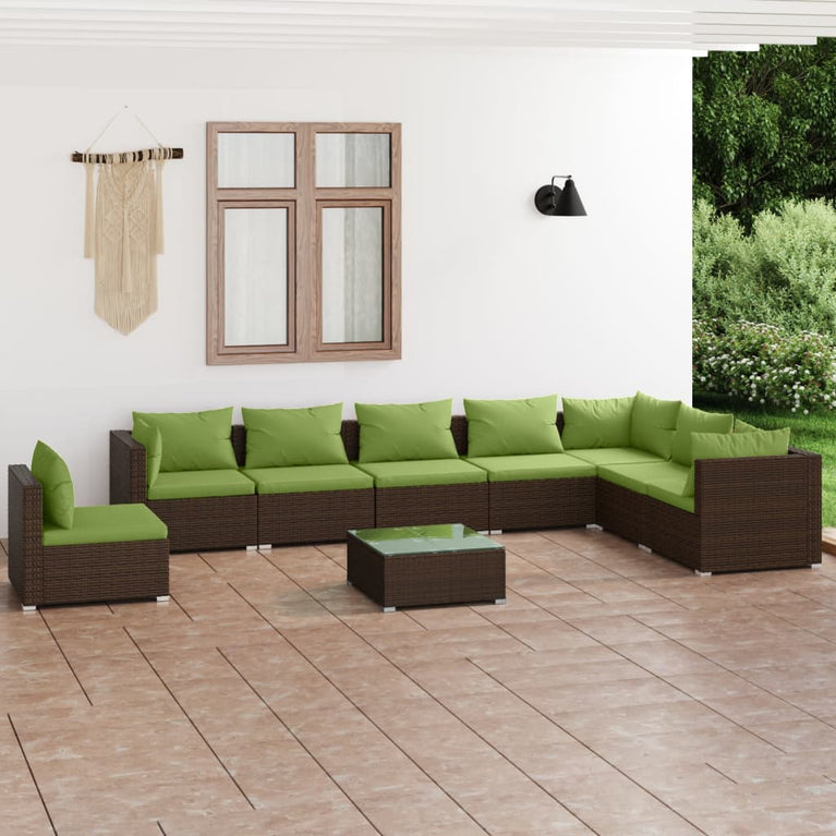9-delige Loungeset met kussens poly rattan bruin