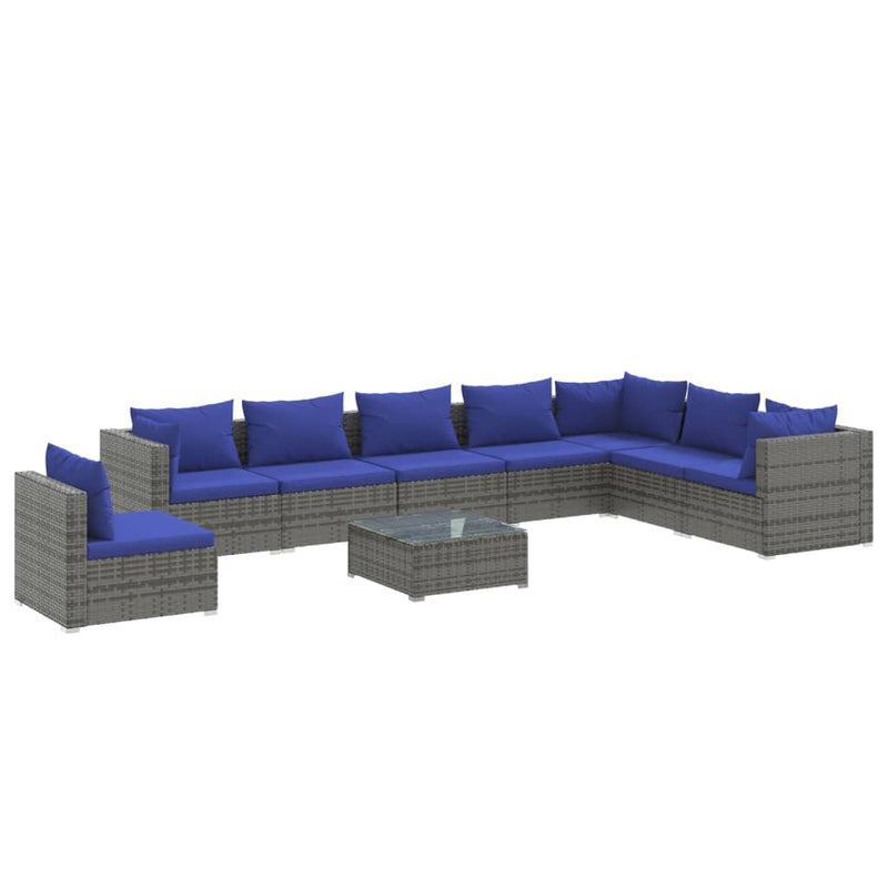 9-delige Loungeset met kussens poly rattan grijs
