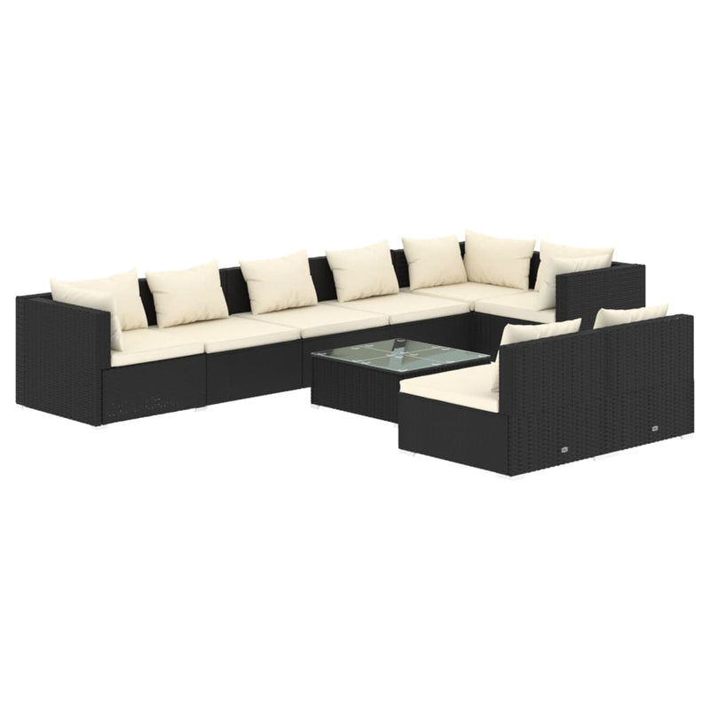 9-delige Loungeset met kussens poly rattan zwart