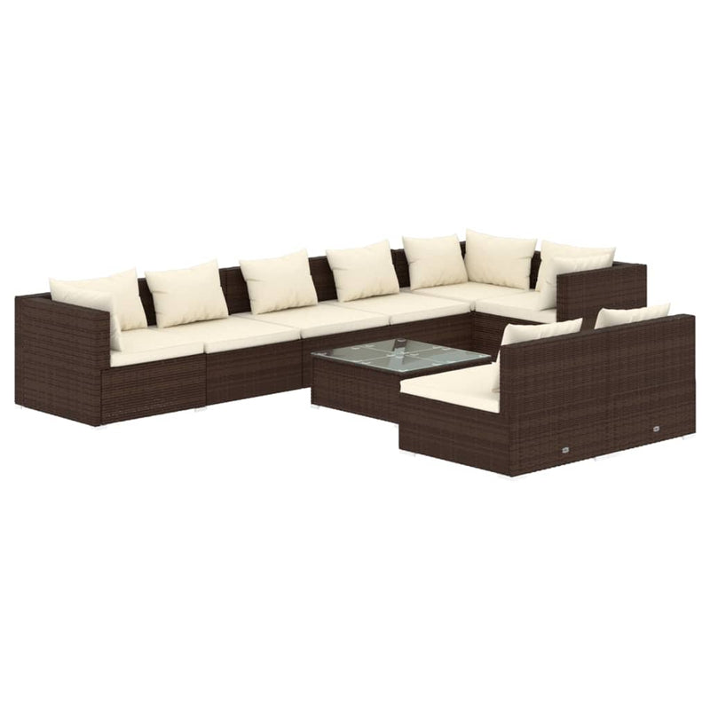 9-delige Loungeset met kussens poly rattan bruin