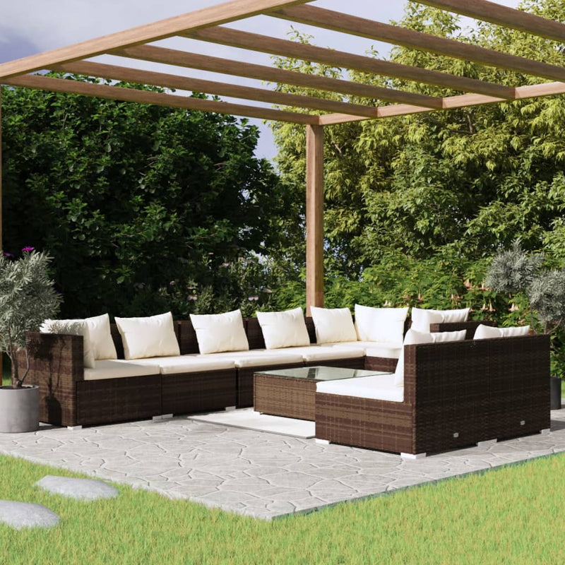 9-delige Loungeset met kussens poly rattan bruin