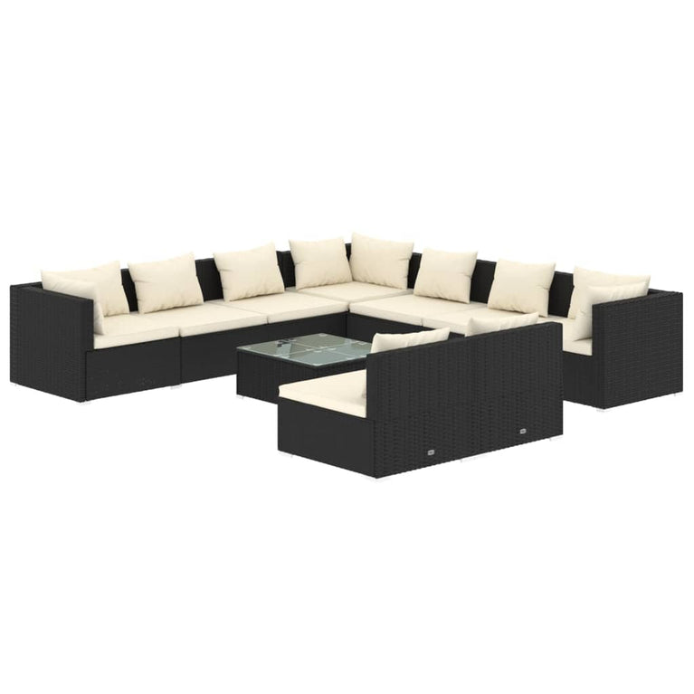 10-delige Loungeset met kussens poly rattan zwart