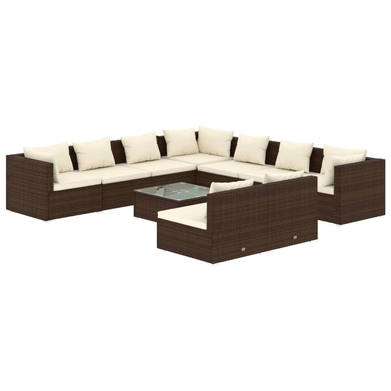 10-delige Loungeset met kussens poly rattan bruin