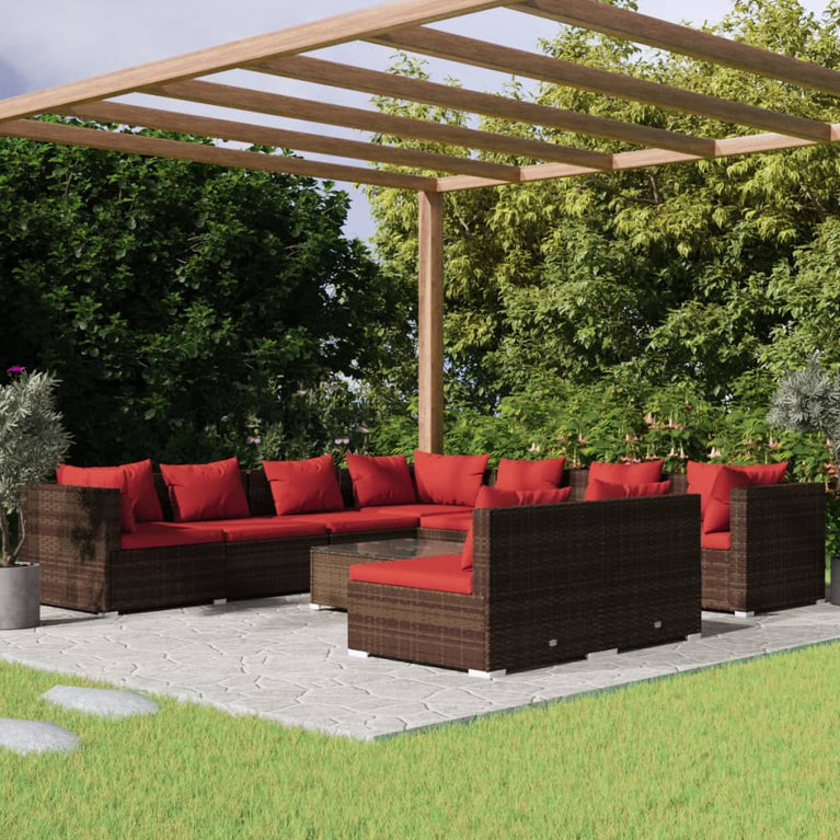 10-delige Loungeset met kussens poly rattan bruin