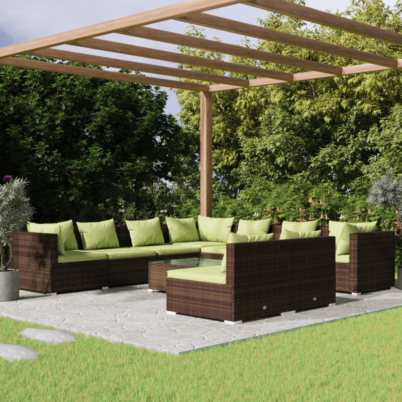 10-delige Loungeset met kussens poly rattan bruin